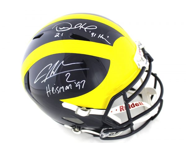 Desmond Howard and Charles Woodson Signed Michigan Wolverines Heismans Schutt Helmet with "Heisman" Inscription