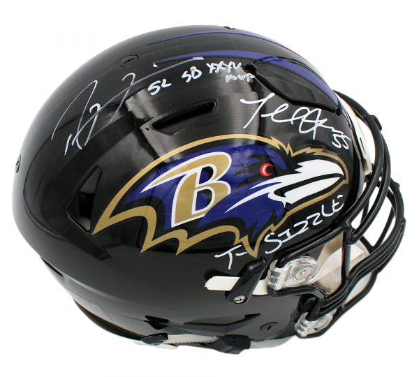 Ray Lewis & Terrell Suggs Signed Baltimore Ravens Speed Flex Authentic NFL Helmet with "SB XXV MVP & T-Sizzle" Inscription - Image 4