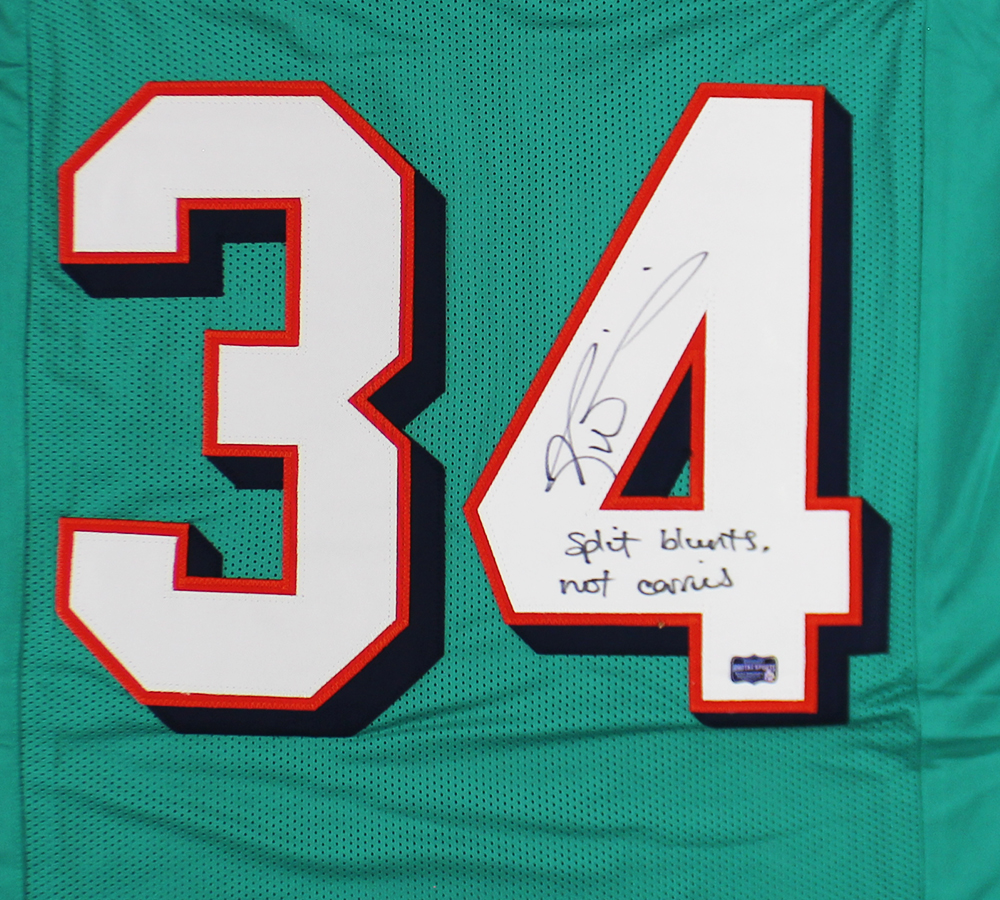 Ricky Williams Signed Miami Custom Teal Jersey with "Split Blunts Not Carries" Inscription - Image 2