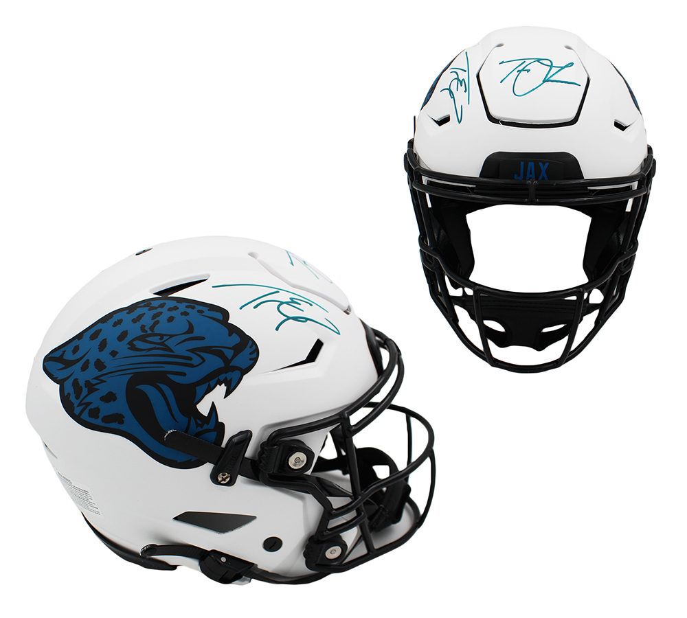 Trevor Lawrence and Travis Etienne Signed Jacksonville Jaguars Speed Flex Authentic Lunar NFL Helmet