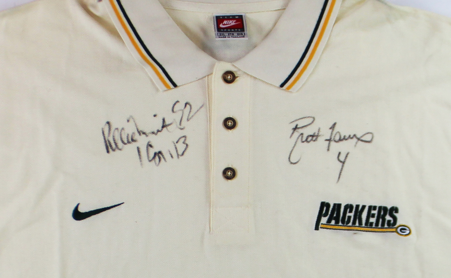 Reggie White and Brett Favre Signed Green Bay Packers Off White Collar Shirt - Image 2