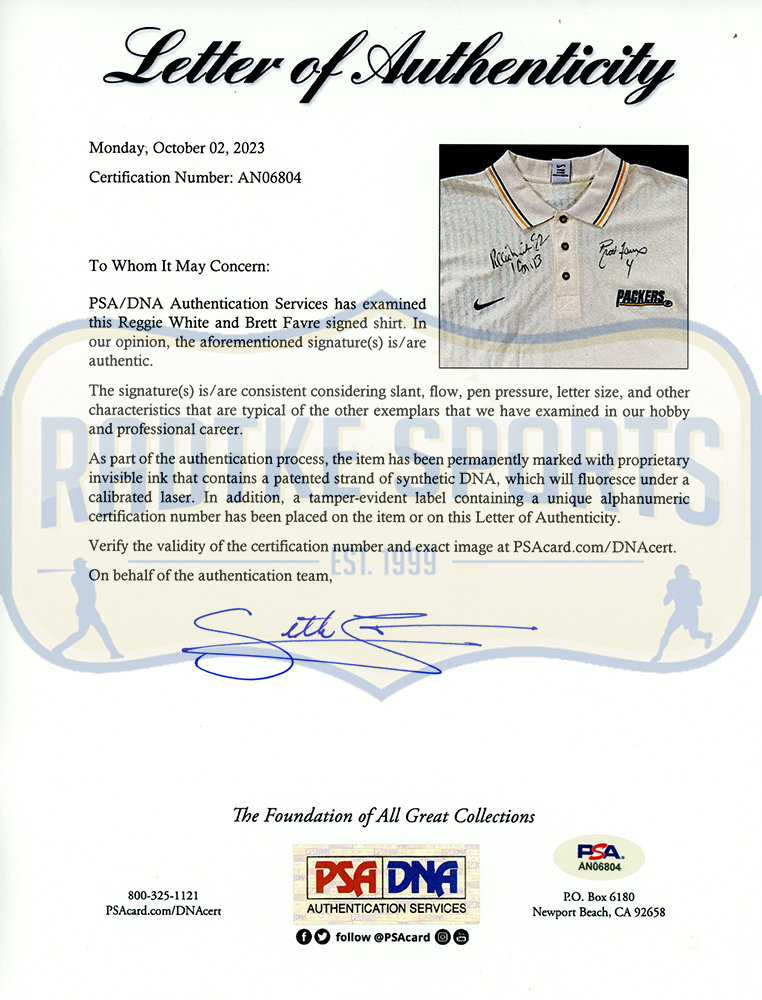 Reggie White and Brett Favre Signed Green Bay Packers Off White Collar Shirt - Image 3