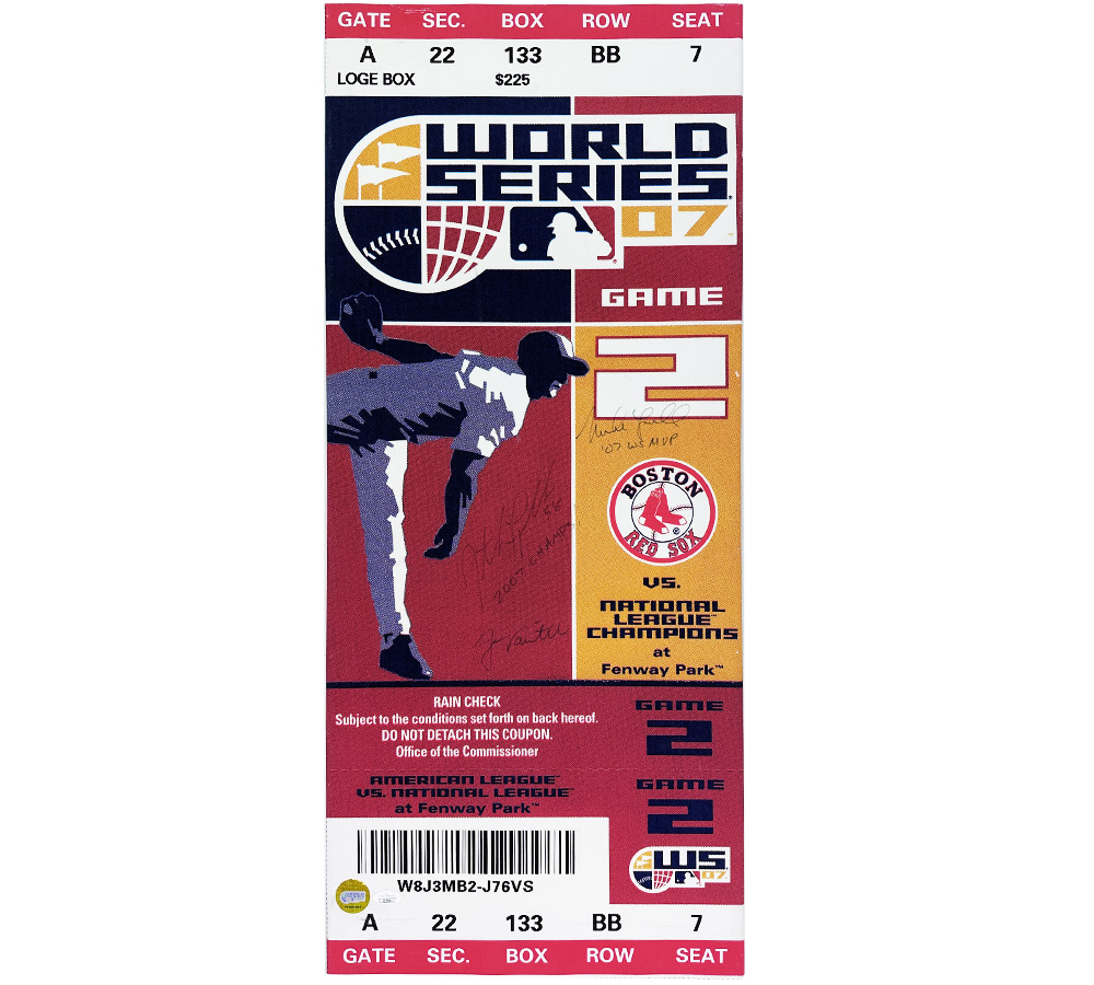 Mike Lowell, Jonathan Papelbon, and Jason Varitek Signed Boston Red Sox 15x35 Mega Ticket MLB Canvas