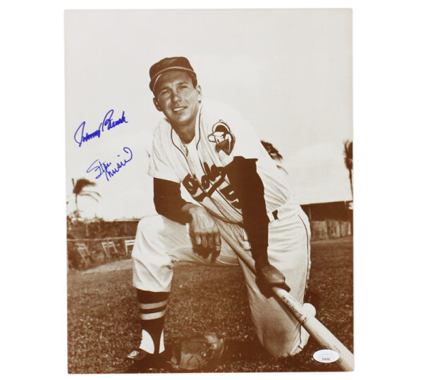 Johnny Bench and Stan Musial Signed Boston Orioles Unframed 11x14 Kneeling MLB Photo