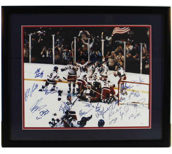 Multi-Signed 1980 USA Olympic Team Framed 16x20 Miracle On Ice NHL Photo with 20 Signatures Including Mike Eruzione and Craig Patrick