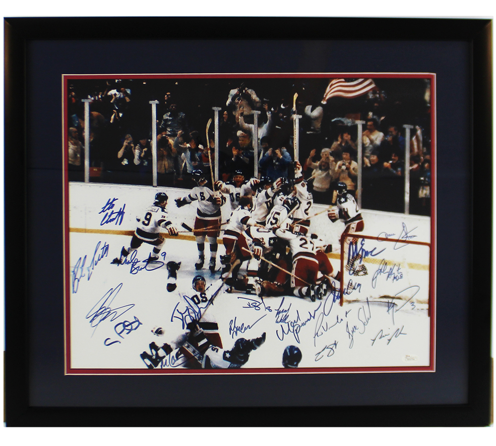Multi-Signed 1980 USA Olympic Team Framed 16x20 Miracle On Ice NHL Photo with 20 Signatures Including Mike Eruzione and Craig Patrick