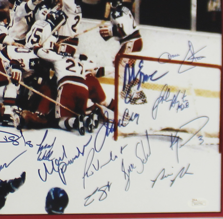 Multi-Signed 1980 USA Olympic Team Framed 16x20 Miracle On Ice NHL Photo with 20 Signatures Including Mike Eruzione and Craig Patrick - Image 3