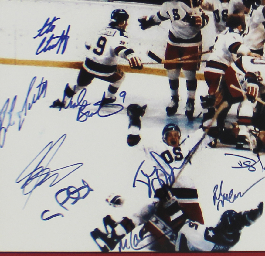 Multi-Signed 1980 USA Olympic Team Framed 16x20 Miracle On Ice NHL Photo with 20 Signatures Including Mike Eruzione and Craig Patrick - Image 2