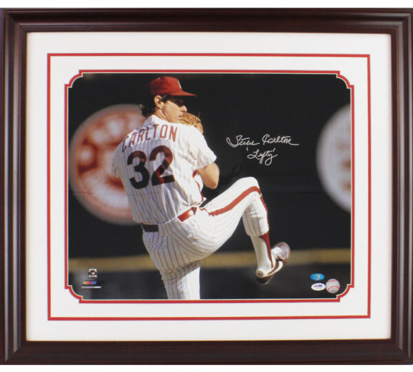 Steve Carlton Signed Philadelphia Phillies Framed 16x20 MLB Pitching Photo with "Lefty" Inscription