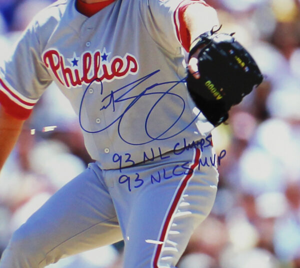 Curt Schilling Signed Philadelphia Phillies Framed 16x20 MLB Photo with "93 NL Champs, 93 NLCS MVP" Inscription - Image 2