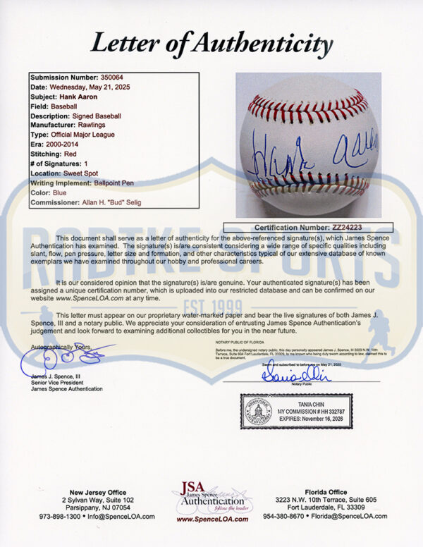 Hank Aaron Signed Milwaukee Braves Rawlings Official Major League White MLB Baseball - Image 4