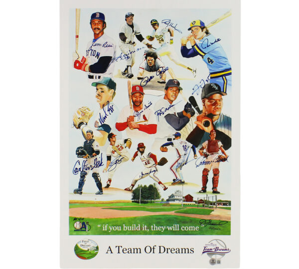 Jim Rice, Reggie Jackson, Rickey Henderson Multi-Signed #2 Field of Dreams A Team of Dreams Unframed 16x23 MLB Print with 13 additional signatures - PP 2/14