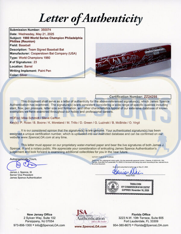 Mike Schmidt, Steve Carlton Multi-Signed Philadelphia Phillies 1980's Cardiac Kids WS Champs Red/Blonde MLB Bat with 21 Additional Signatures - Image 8