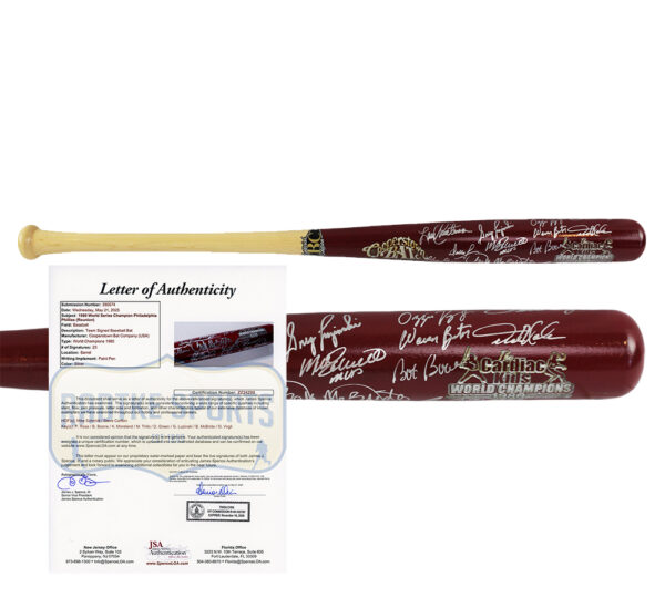 Mike Schmidt, Steve Carlton Multi-Signed Philadelphia Phillies 1980's Cardiac Kids WS Champs Red/Blonde MLB Bat with 21 Additional Signatures