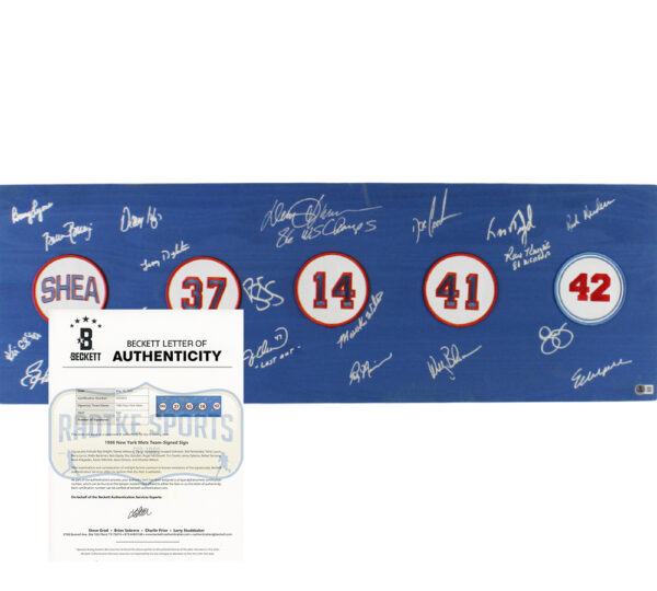 1986 New York Mets Team Signed 12x36 Blue Patches Board - 21 Signatures Including Darryl Strawberry & Dwight Gooden