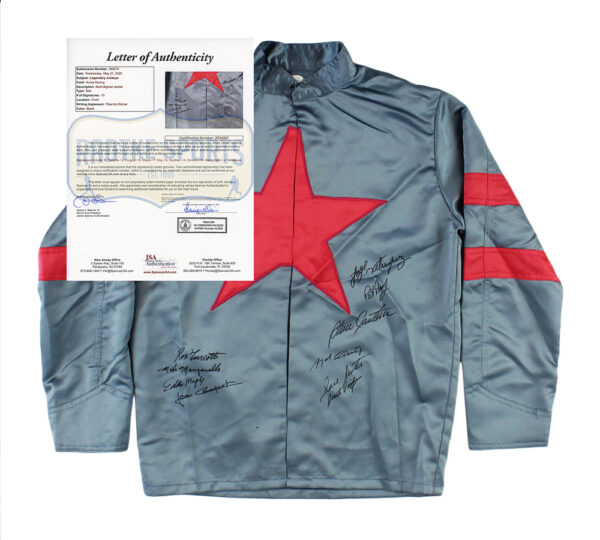 Ron Turcotte, Steve Cauthen & Jean Cruguet Signed Triple Crown Silver Jockey Jacket  with Red Star with 7 Additional Signatures