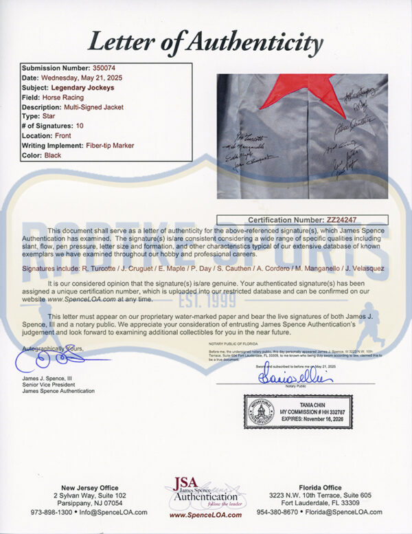Ron Turcotte, Steve Cauthen & Jean Cruguet Signed Triple Crown Silver Jockey Jacket  with Red Star with 7 Additional Signatures - Image 4