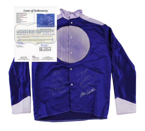 Ron Turcotte, Steve Cauthen & Jean Cruguet Signed Triple Crown Purple Jockey Jacket with 8 Additional Signatures