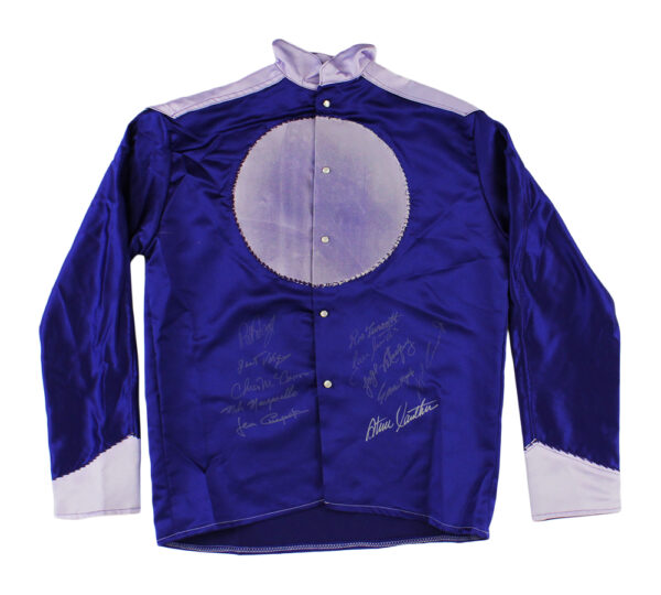 Ron Turcotte, Steve Cauthen & Jean Cruguet Signed Triple Crown Purple Jockey Jacket with 8 Additional Signatures - Image 2
