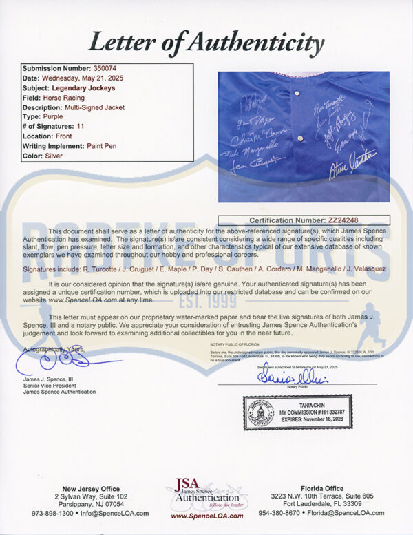 Ron Turcotte, Steve Cauthen & Jean Cruguet Signed Triple Crown Purple Jockey Jacket with 8 Additional Signatures - Image 4