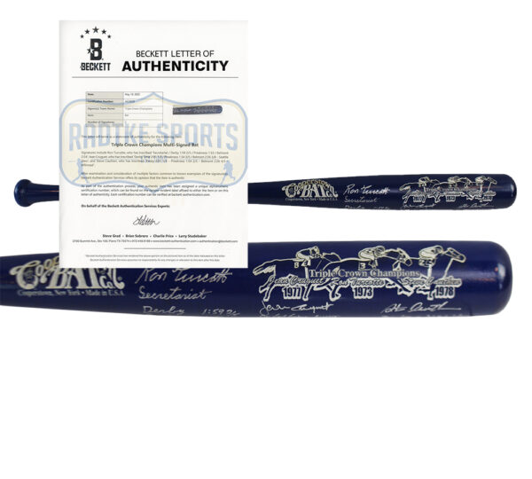 Jean Cruguet, Ron Turcotte, Steve Cauthen Signed Cooperstown Triple Crown Blue Bat with Jockey's Stats Inscriptions