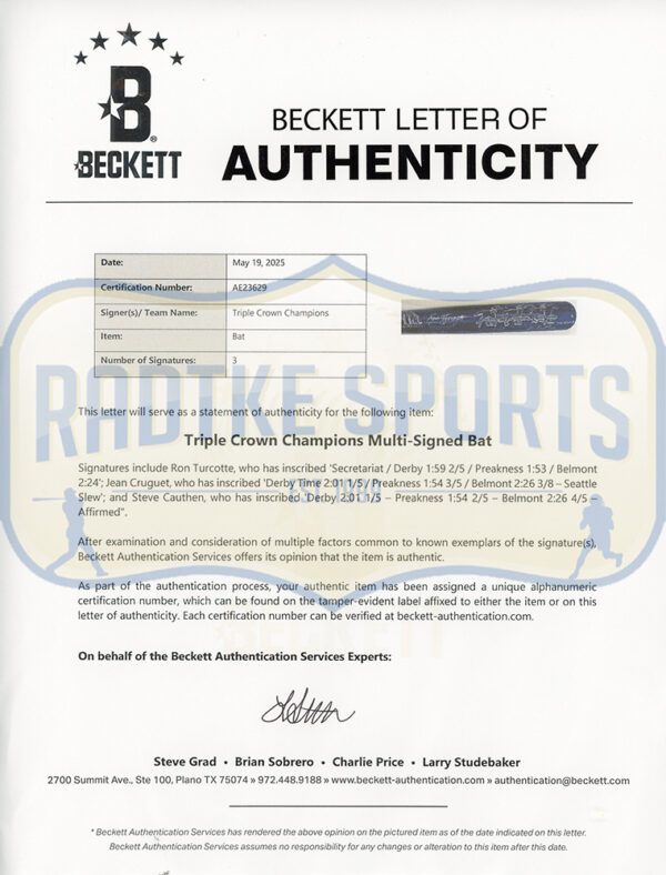 Jean Cruguet, Ron Turcotte, Steve Cauthen Signed Cooperstown Triple Crown Blue Bat with Jockey's Stats Inscriptions - Image 7