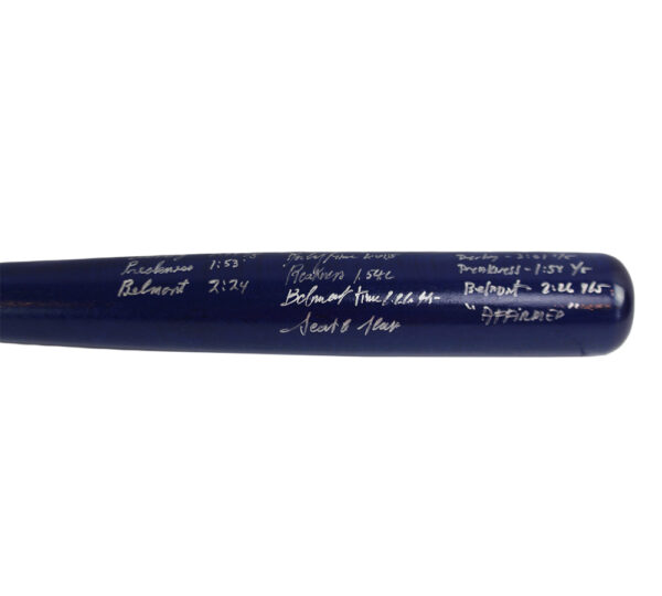 Jean Cruguet, Ron Turcotte, Steve Cauthen Signed Cooperstown Triple Crown Blue Bat with Jockey's Stats Inscriptions - Image 5