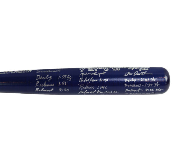 Jean Cruguet, Ron Turcotte, Steve Cauthen Signed Cooperstown Triple Crown Blue Bat with Jockey's Stats Inscriptions - Image 4