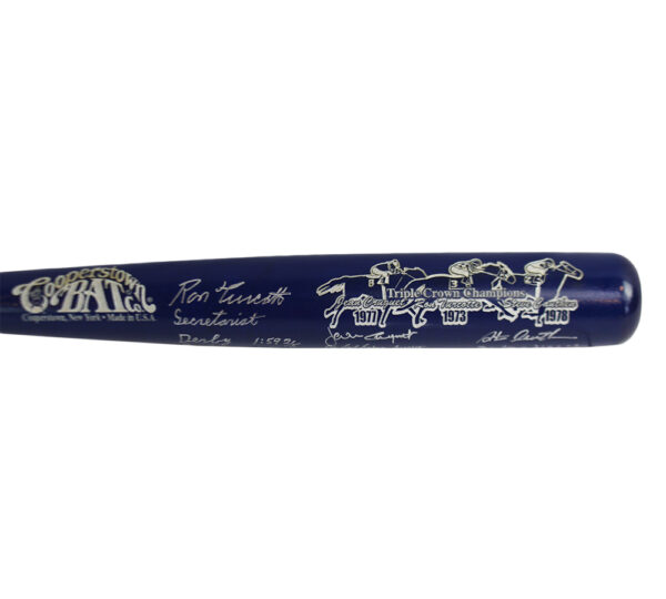 Jean Cruguet, Ron Turcotte, Steve Cauthen Signed Cooperstown Triple Crown Blue Bat with Jockey's Stats Inscriptions - Image 3