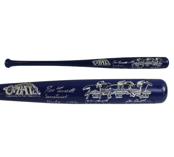 Jean Cruguet, Ron Turcotte, Steve Cauthen Signed Cooperstown Triple Crown Blue Bat with Jockey's Stats Inscriptions - Image 2