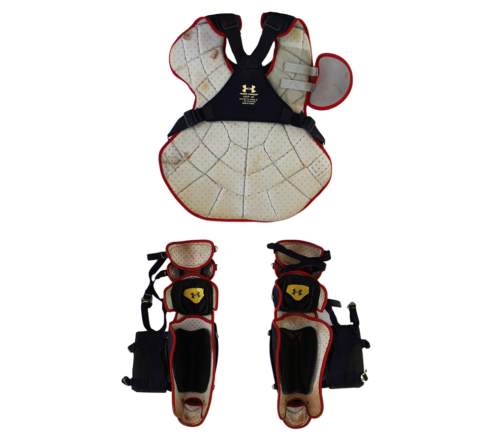 Evan Gattis Signed Game Used Red & Navy Under Armor Catchers Gear with "El Oso Blanco” & "2014 Game Used" Inscription - Image 2