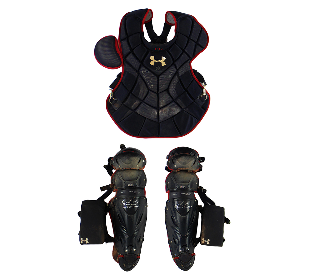 Evan Gattis Signed Game Used Red & Navy Under Armor Catchers Gear with "El Oso Blanco” & "2014 Game Used" Inscription