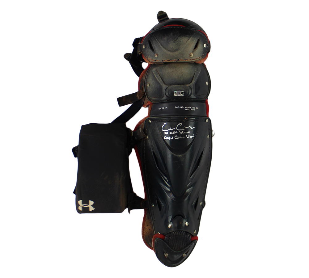 Evan Gattis Signed Game Used Red & Navy Under Armor Catchers Gear with "El Oso Blanco” & "2014 Game Used" Inscription - Image 6