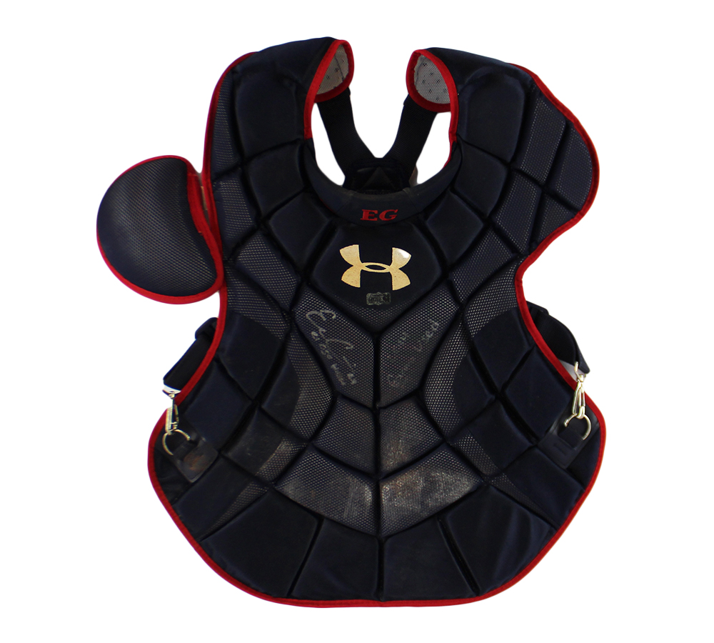 Evan Gattis Signed Game Used Red & Navy Under Armor Catchers Gear with "El Oso Blanco” & "2014 Game Used" Inscription - Image 3