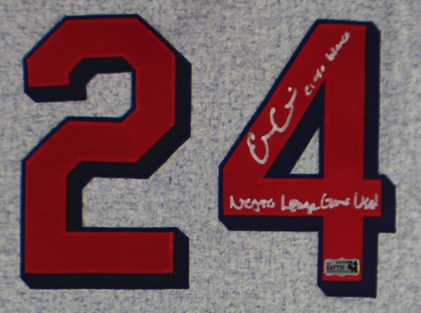 Evan Gattis Signed Game Used Atlanta Braves Gray Jersey with "El Oso Blanco" & "Negro League Game Used" Inscription - Image 2