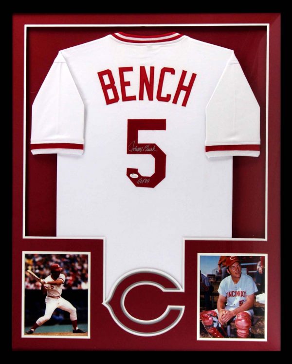 Johnny Bench Signed Cincinnati Reds Framed White Custom Jersey With "HOF 89" Inscription-0
