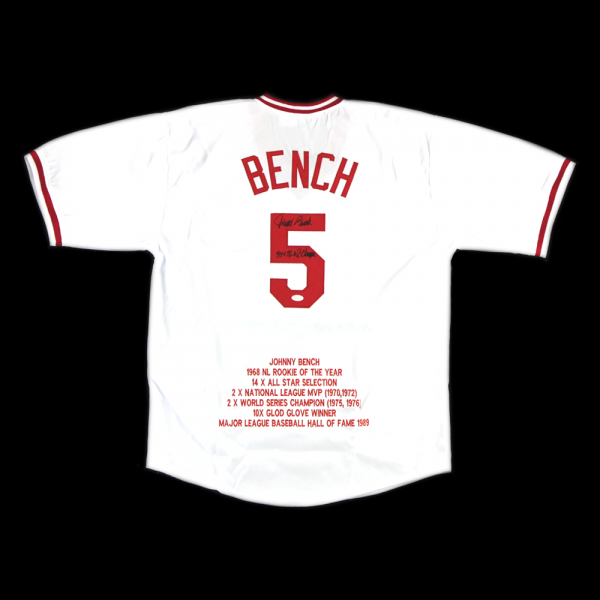 Johnny Bench Signed Cincinnati Reds White Custom Stat Jersey With "75 & 76 WS Champs" Inscription-19668