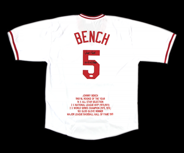 Johnny Bench Signed Cincinnati Reds White Custom Stat Jersey With "75 & 76 WS Champs" Inscription-0