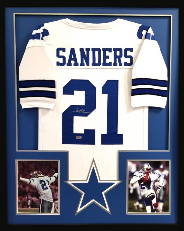 Deion Sanders Signed Framed Dallas Cowboys White Custom Jersey-0