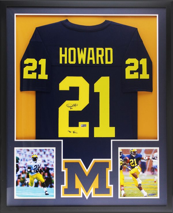 Desmond Howard Signed Michigan Framed Custom Blue Jersey with "91 Heisman" Inscription