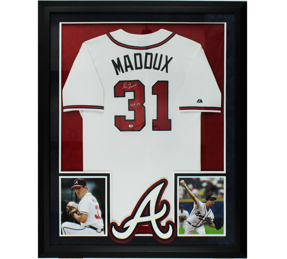 Greg Maddux Signed Atlanta Braves Large Framed White Jersey with "HOF 14" Inscription