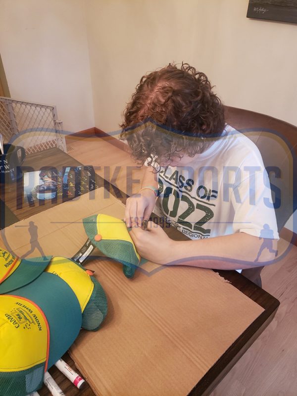 Gaten Matarazzo Signed Stranger Things Camp Yellow & Green Hat with "Dustin" Inscription - Image 4
