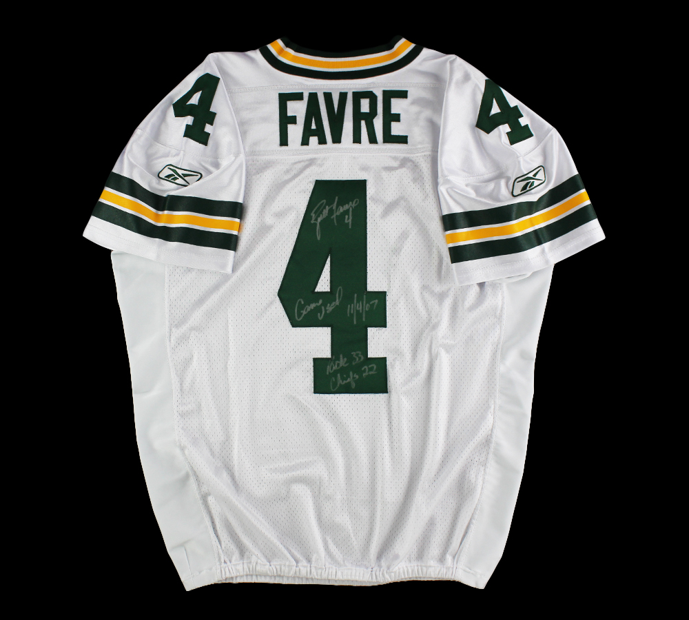 Brett Favre Signed Green Bay Packers Reebok Game Worn White NFL Jersey with "Game Used 11/4/07 & Pack 33 Chiefs 22" Inscriptions - Image 4