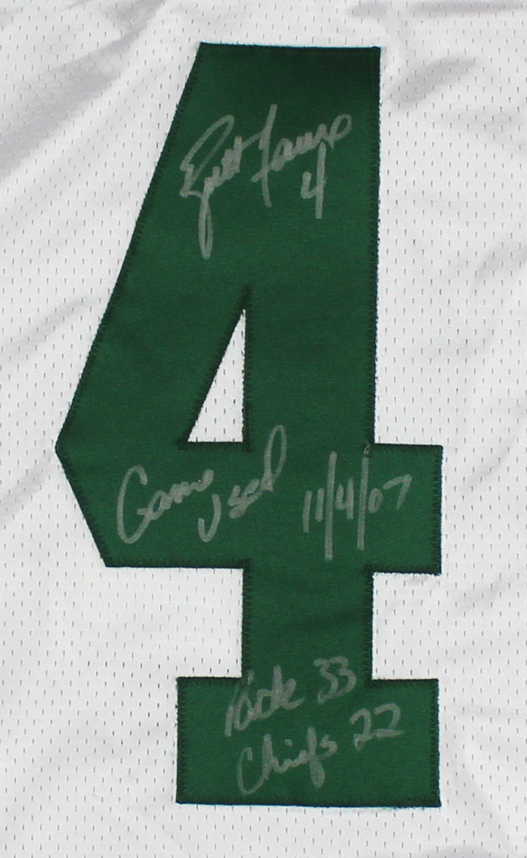 Brett Favre Signed Green Bay Packers Reebok Game Worn White NFL Jersey with "Game Used 11/4/07 & Pack 33 Chiefs 22" Inscriptions - Image 2