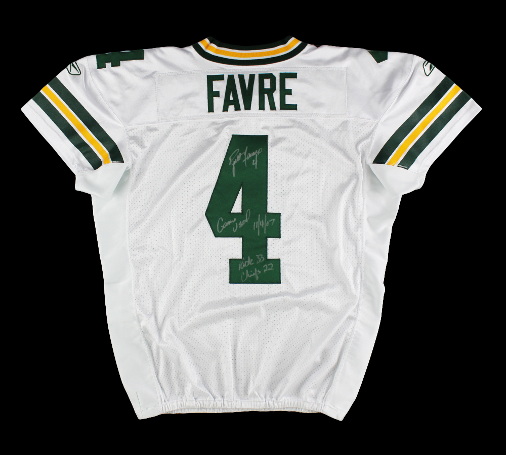 Brett Favre Signed Green Bay Packers Reebok Game Worn White NFL Jersey with "Game Used 11/4/07 & Pack 33 Chiefs 22" Inscriptions