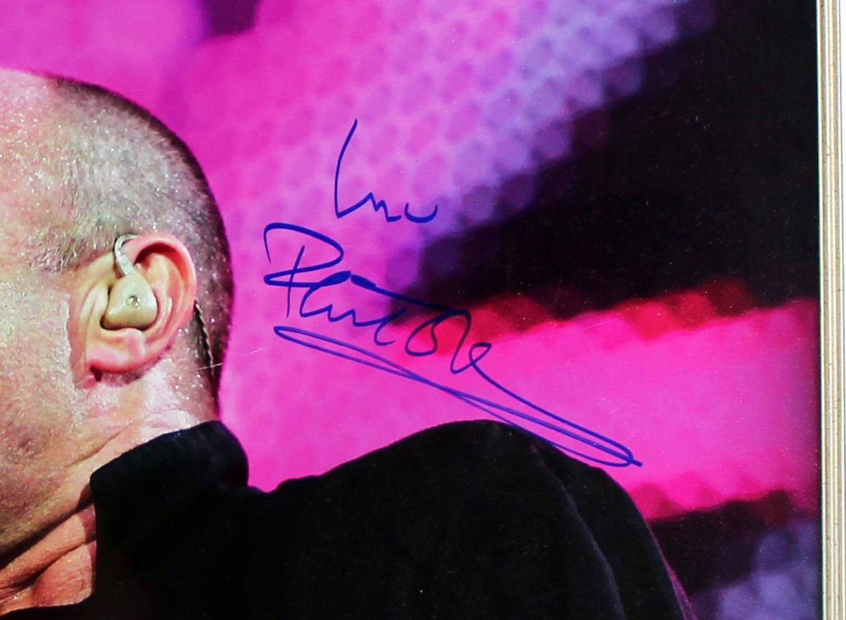 Phil Collins Signed Framed 16x20 Photo - Purple Background & Microphone - Image 2