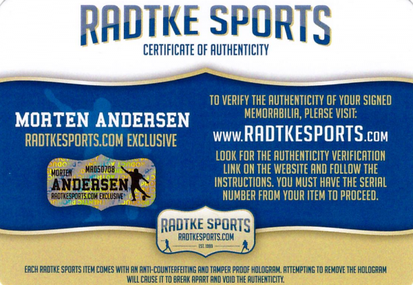 Morten Andersen Signed New Orleans Saints Embroidered Logo White NFL Football With "HOF 2017 & Great Dane" Inscription - Image 5