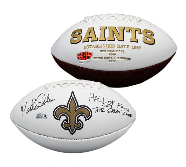 Morten Andersen Signed New Orleans Saints Embroidered Logo White NFL Football With "HOF 2017 & Great Dane" Inscription