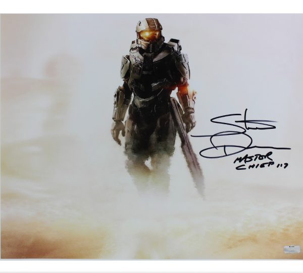 Steve Downes Signed Halo Unframed 16x20 Photo - Standing with Gun with "Master Chief" Inscription