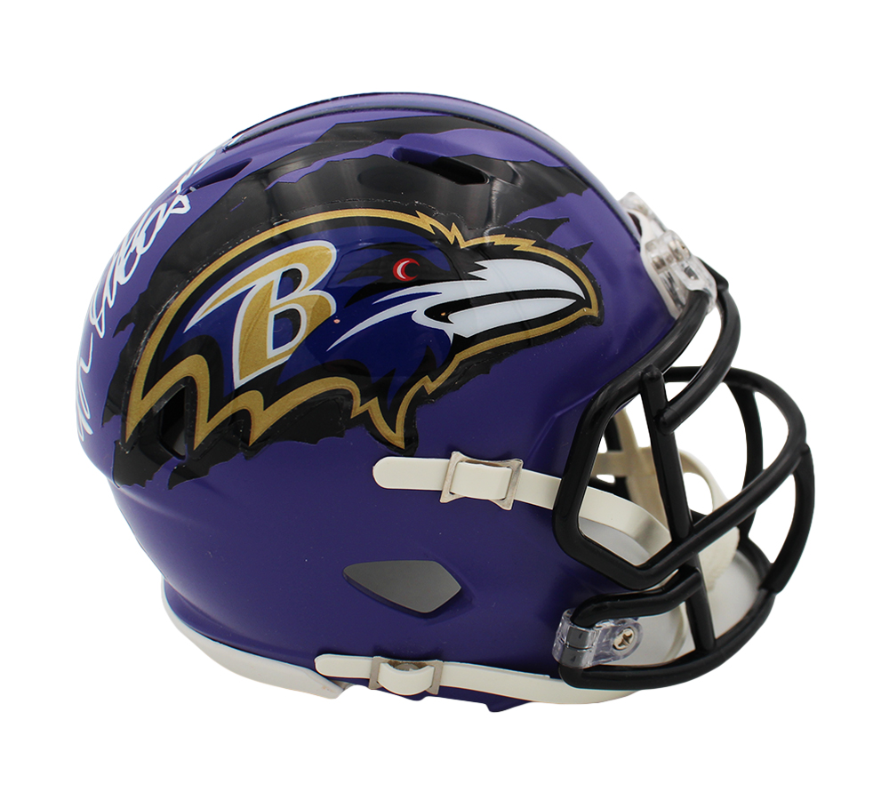 JK Dobbins Signed Baltimore Ravens Speed Custom Purple Ripped NFL Mini Helmet - Image 2